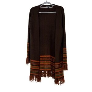 Babette Ballinger Brown Striped Fringe Open Front Cardigan Sweater Womens Large